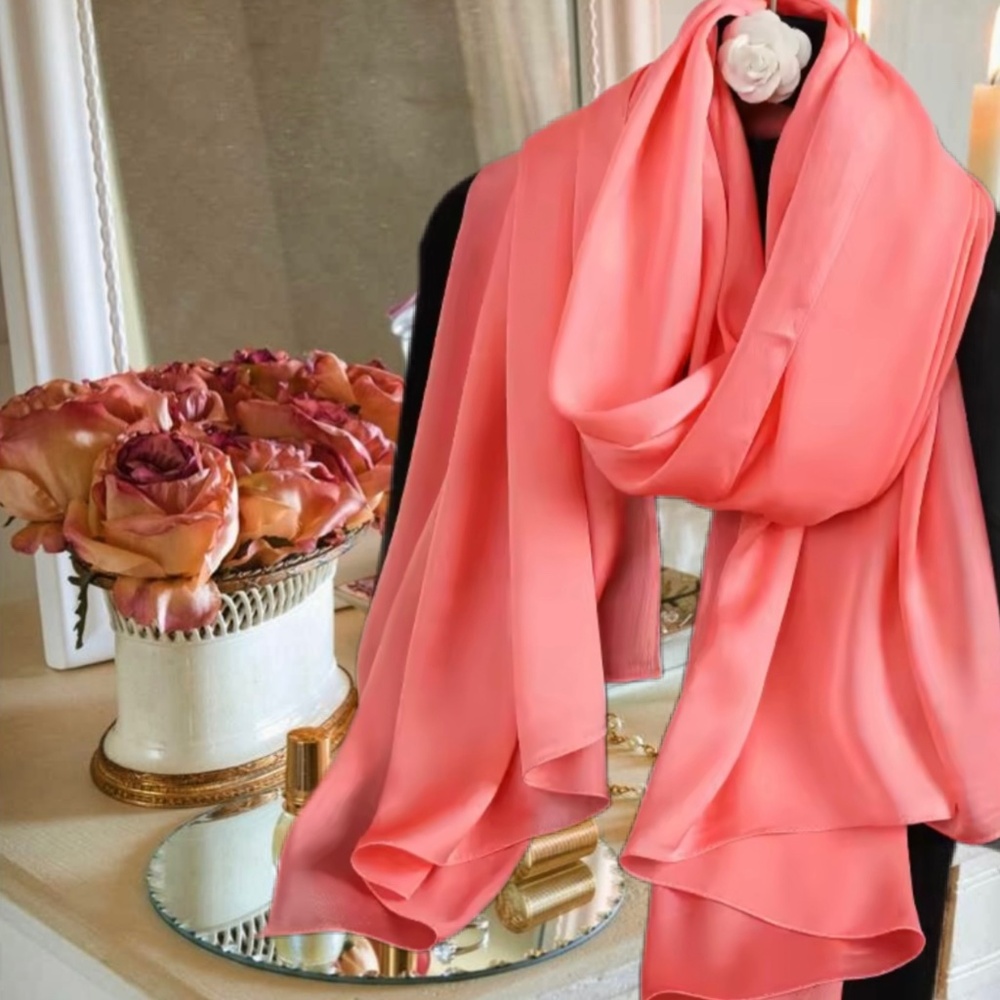 Coral Pink Red 100% SILK SATIN Large Shawl Scarf Wrap Wedding Bridesmaid CoverUp